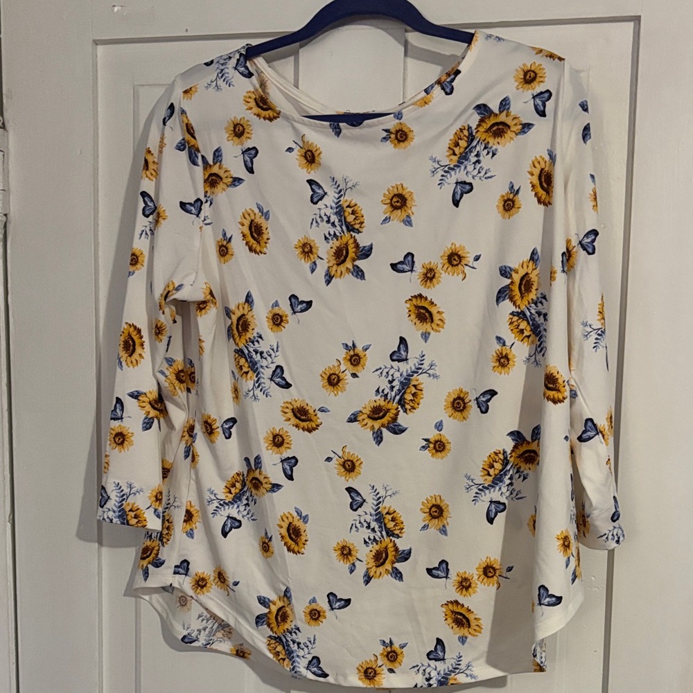 Sunflower Print Women's Blouse - White and Yellow